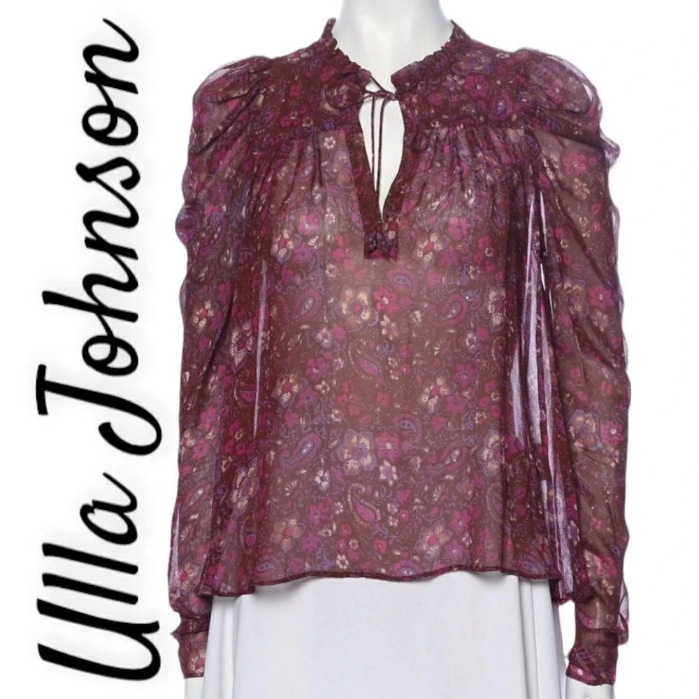ULLA JOHNSON Renly Silk Paisley Blouse Plum Purple Boho Luxe Romantic,‎ Size 0